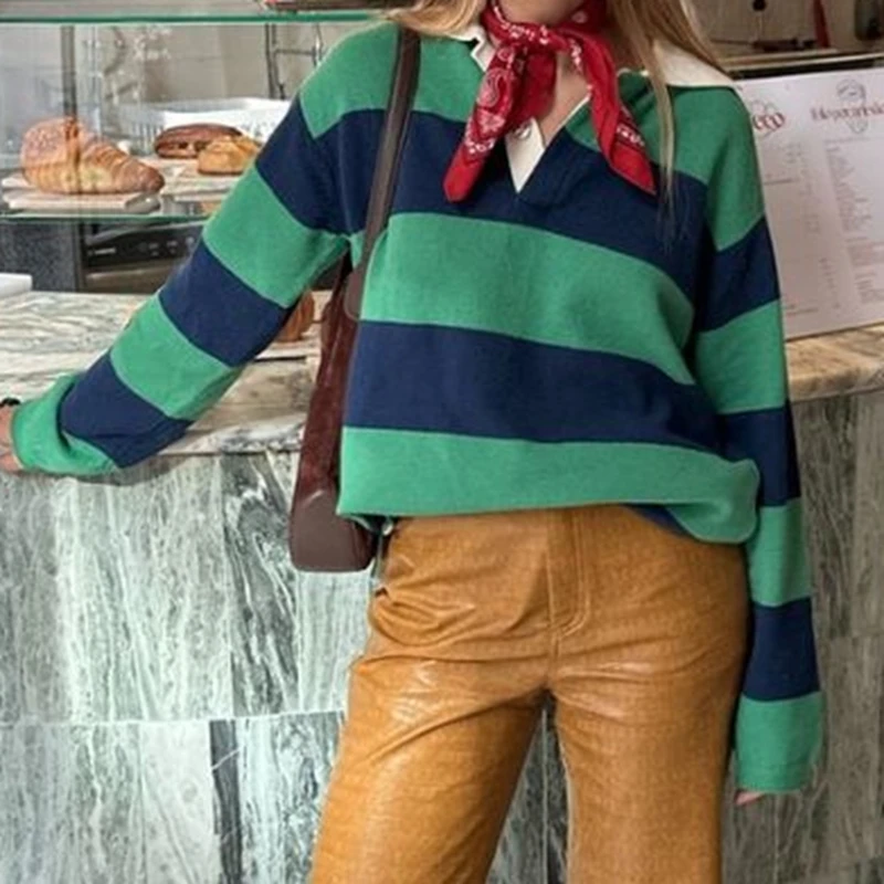 قمصان نسائية من Streetwear بياقة مقلوبة وأكمام طويلة مرقعة ملابس فضفاضة للخريف Y2K