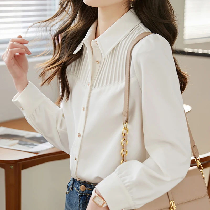 

Женская белая рубашка во французском стиле, осень 2023, плиссированная блузка с длинными рукавами, элегантные офисные повседневные топы