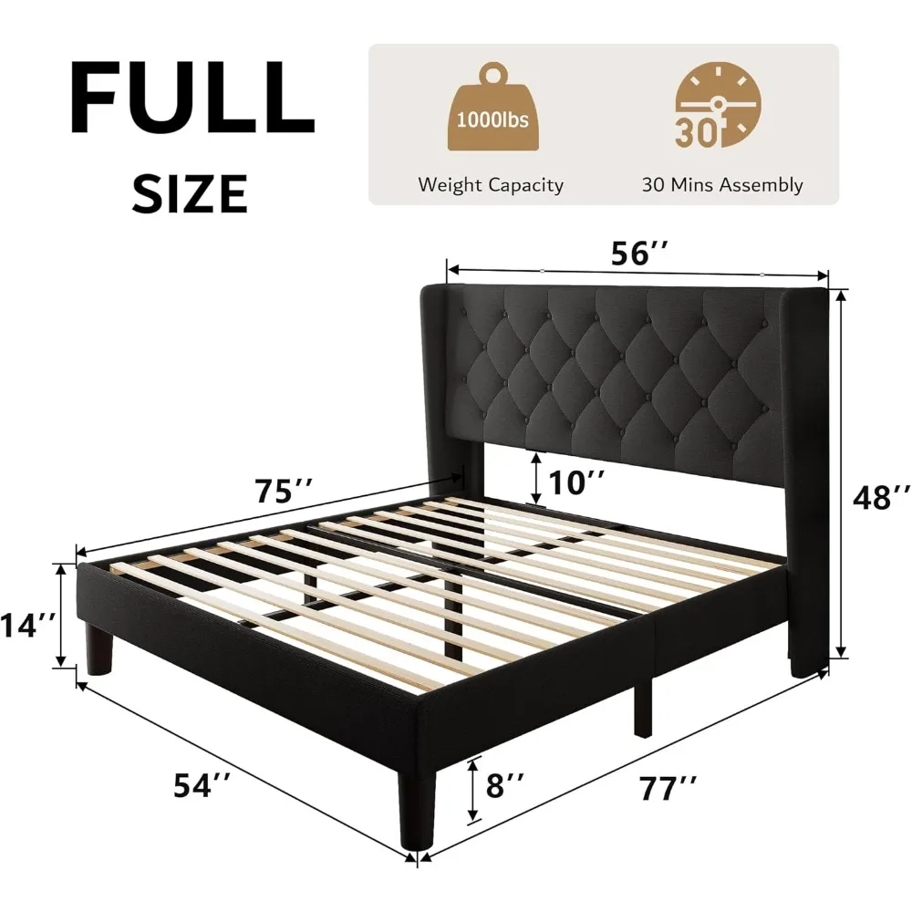 iPormis Full Size Platform Bed Frame with Button Tufted Headboard, Upholstered Bed Frame with Solid Wooden Slats, 8