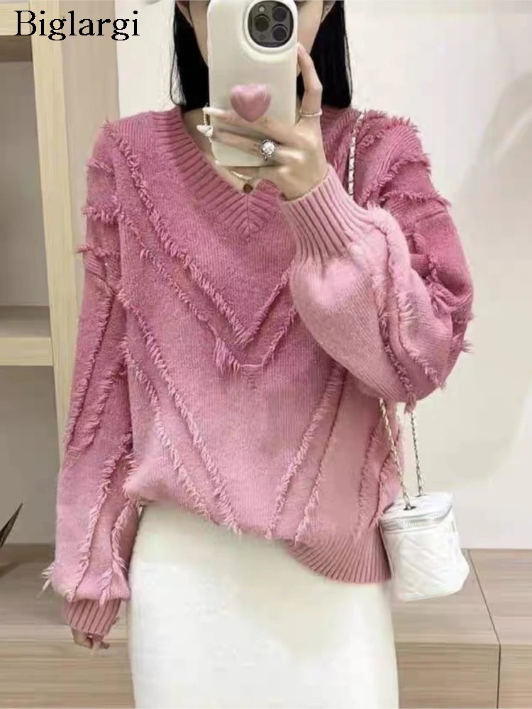 Knitted Autumn Winter V-Neck Pullover Sweater Tops Women Fringe Fashion Irregular Ladies Sweaters Korean Style Woman Sweater