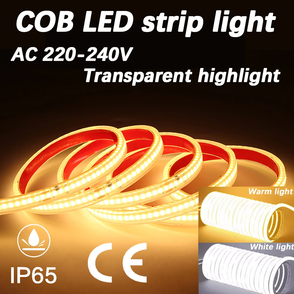 

220V COB LED strip light, IP65 waterproof, flexible LED tape, suitable for room, bedroom, kitchen, and outdoor garden lighting.