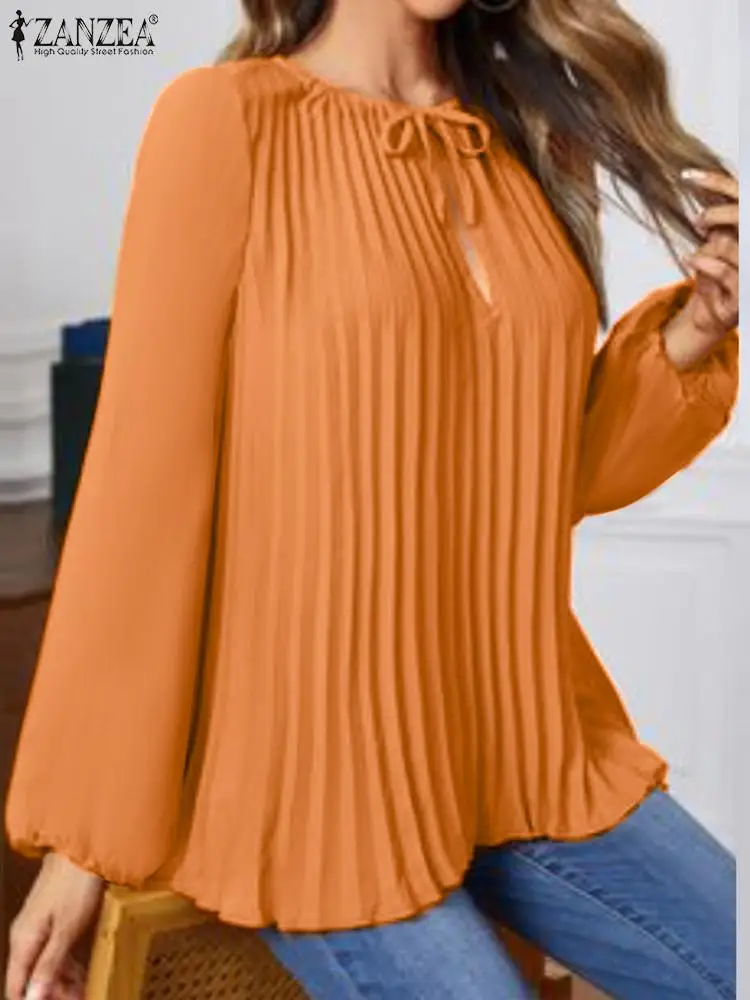 Women Solid Blouse ZANZEA Oversize 2023 Autumn Long Lantern Sleeve Tops Fashion Bowtie Neck Shirt Casual Hollow Out Pleats Blusa