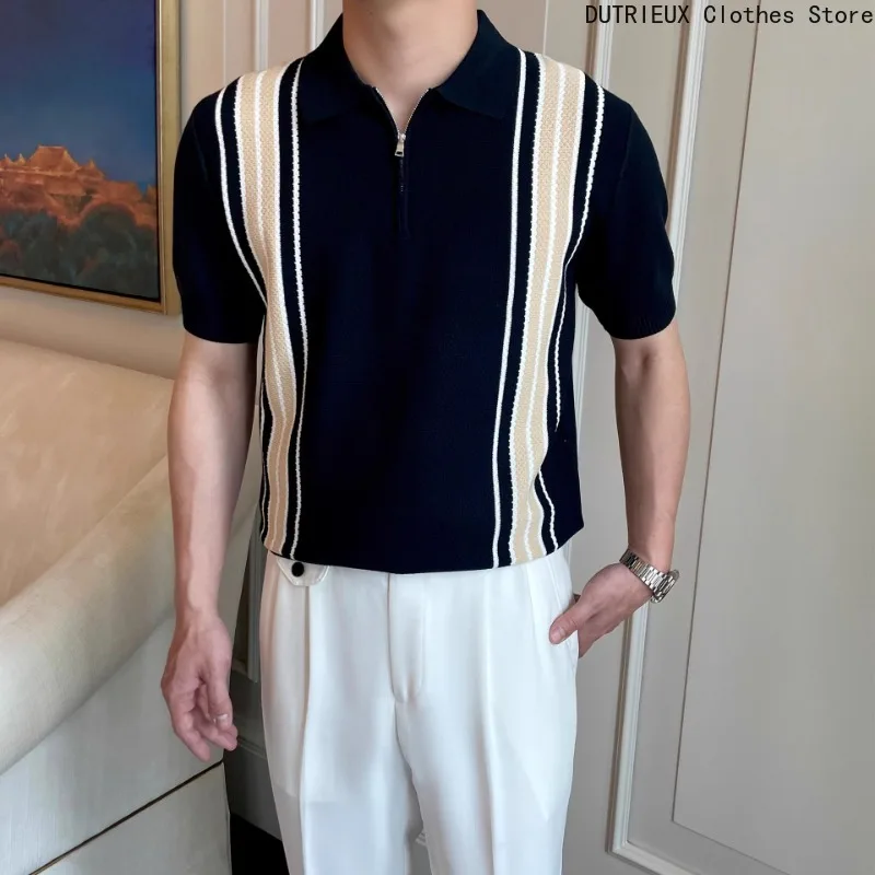 

Новая летняя мужская деловая повседневная футболка с лацканами, стильные мужские полосатые вязаные рубашки поло, винтажные поло с короткими рукавами, мужская одежда