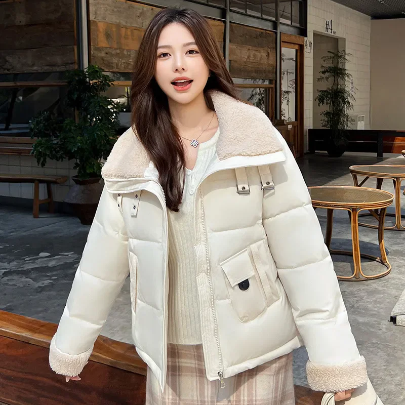 Lamb Wool Stitching Down Cotton Coat Women's Overcoat Autumn Winter New Plus Velvet Warm Short Parka Fashion Loose Cotton Jacket