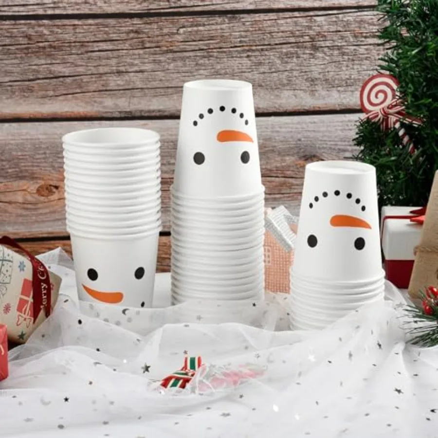 100Pcs Christmas Snowman Party Cups Xmas Disposable Paper Cups Festive Winter Smiling Snowman Face 9 Oz Drinking Cups for Bever