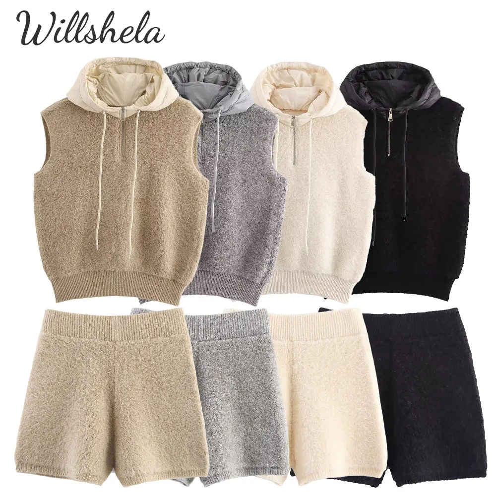 Willshela-Conjunto de 2 piezas para mujer, Sudadera con capucha y pantalones cortos sin mangas de Cachemira de oveja para primavera/otoño, trajes informales elegantes para mujer