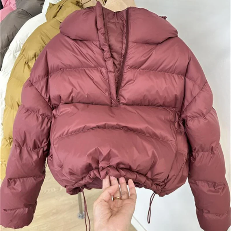 American Short Pullover Hooded Cotton Padded Jacket Half Zip Hoodie Parkas Women Winter New Niche Thick Warm Bread Coats Trendy