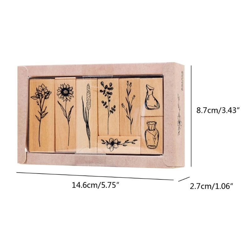 8 Pieces Vintage Decorative Wooden Rubber Stamp Plant Wooden Rubber Stamps for Scrapbooking Dairy Card Making Gift Wrap