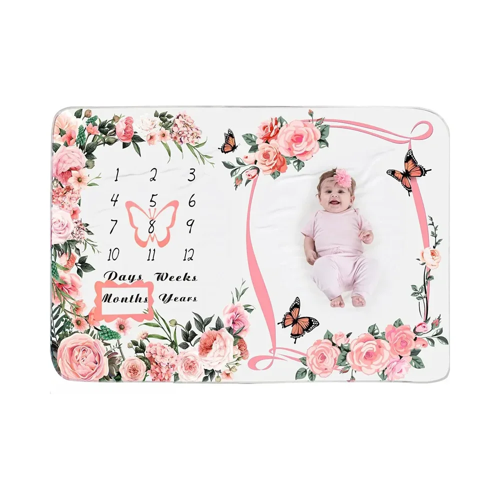 VIKAMA Baby Monthly Milestone Blanket Soft and Comfortable Newborn Full Moon & 100-Day Growth Calendar Memorial Photo Blanket
