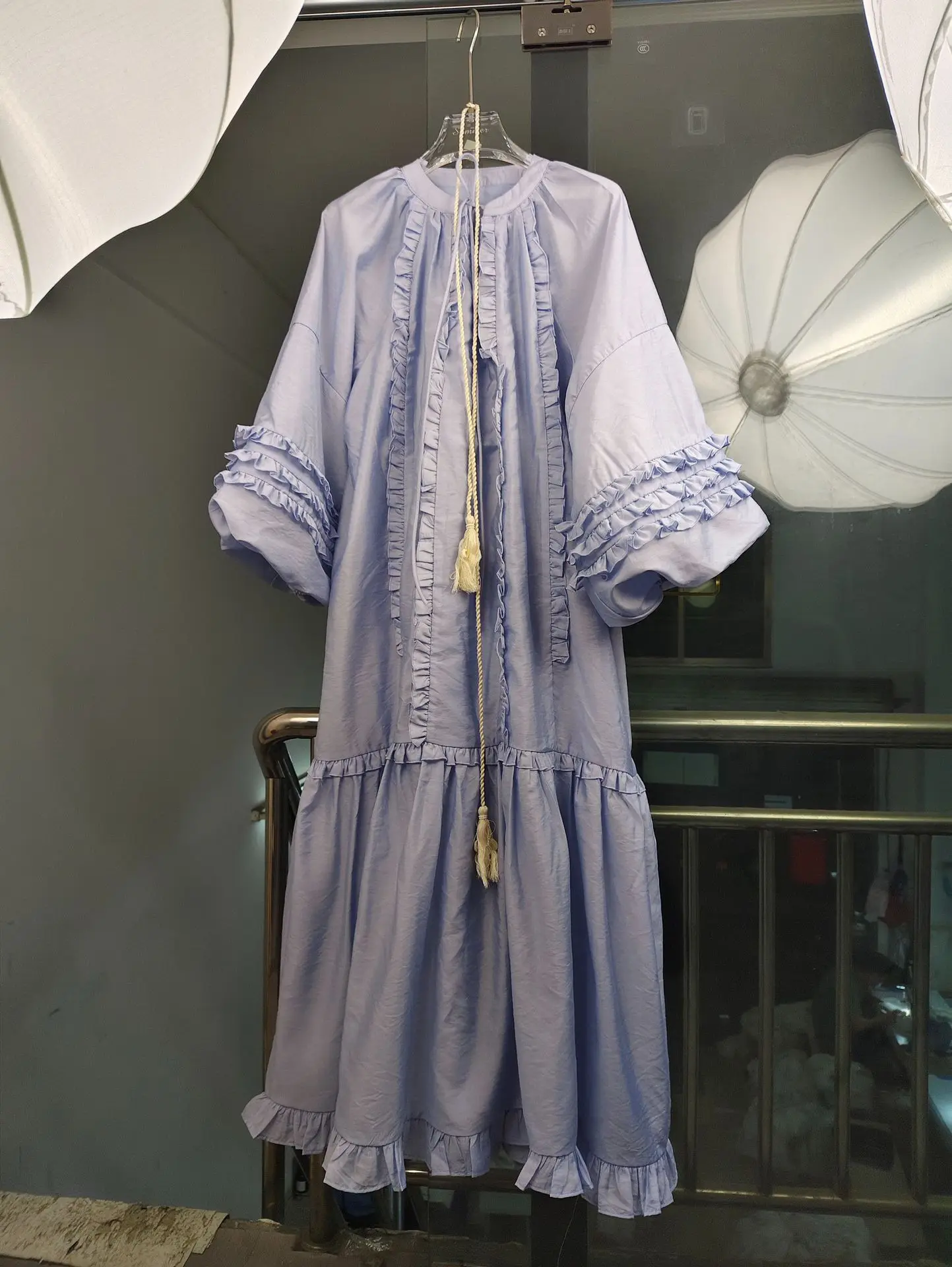 

2025 Spring and Summer New Round Neck Lantern Sleeves Ruffled Loose Long Skirt with Belt Dress-GZDL099