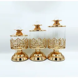 Gold-plated Candy Jar Glass Jewelry Cosmetic Cotton Swab Box Candle Holder Hollow Metal Nuts Fruit Storage Jar Home Decoration