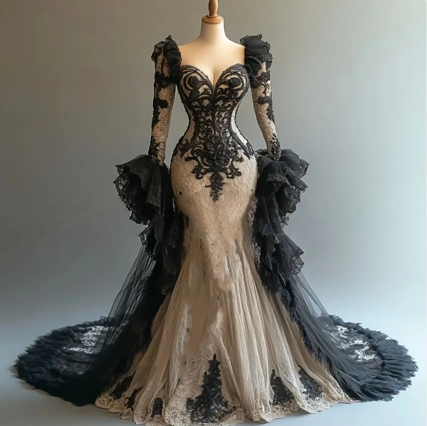 

Vintage Black Lace Mermaid Prom Dress Flare Long Sleeves Gothic Evening Gown Sweetheart Corset Masquerade Dress Customized