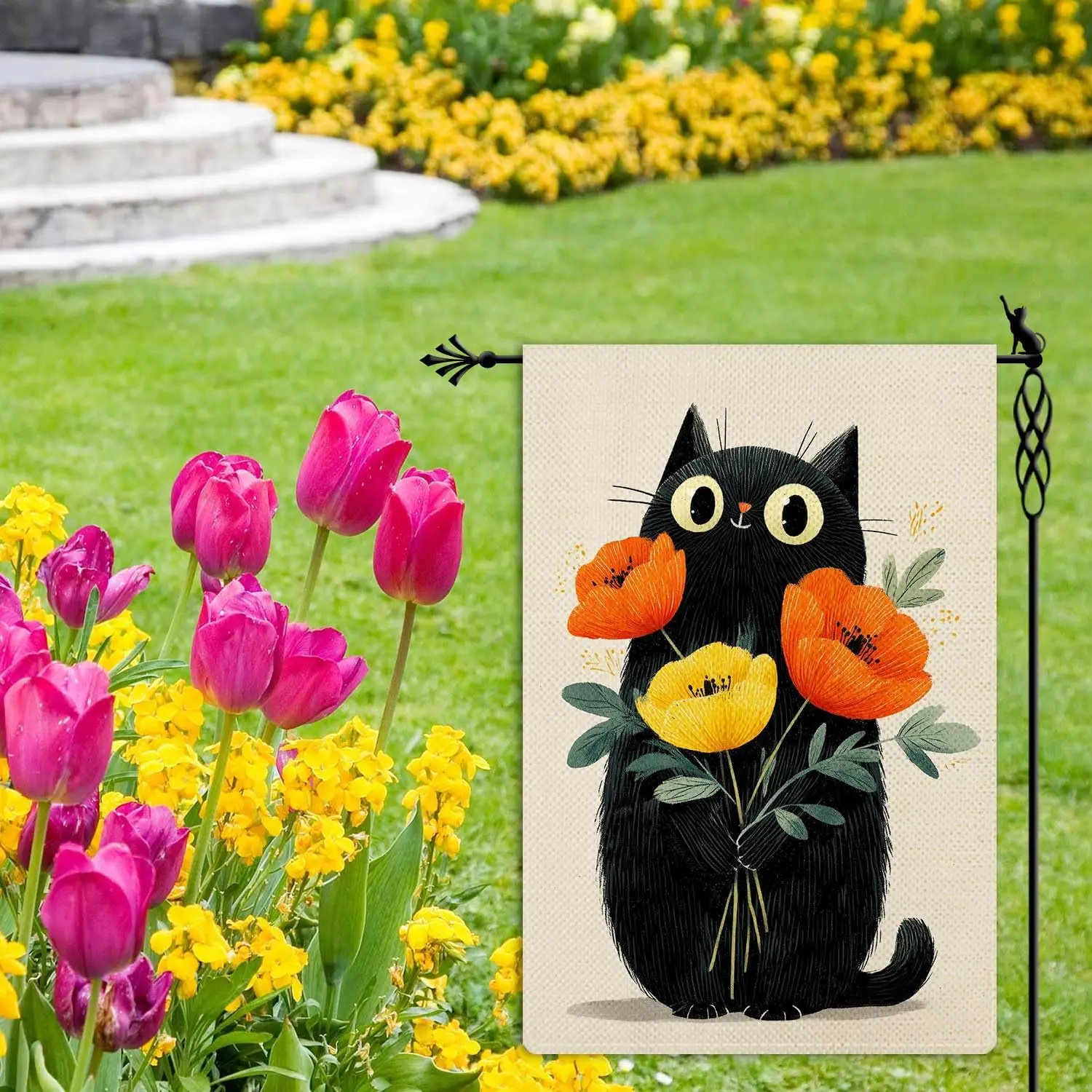 Spring Summer Cute Black Cat Garden Flag Floral Flower Garden Flag Vertical Double Sided Rustic Farmland Burlap Yard Lawn Ou MMZ