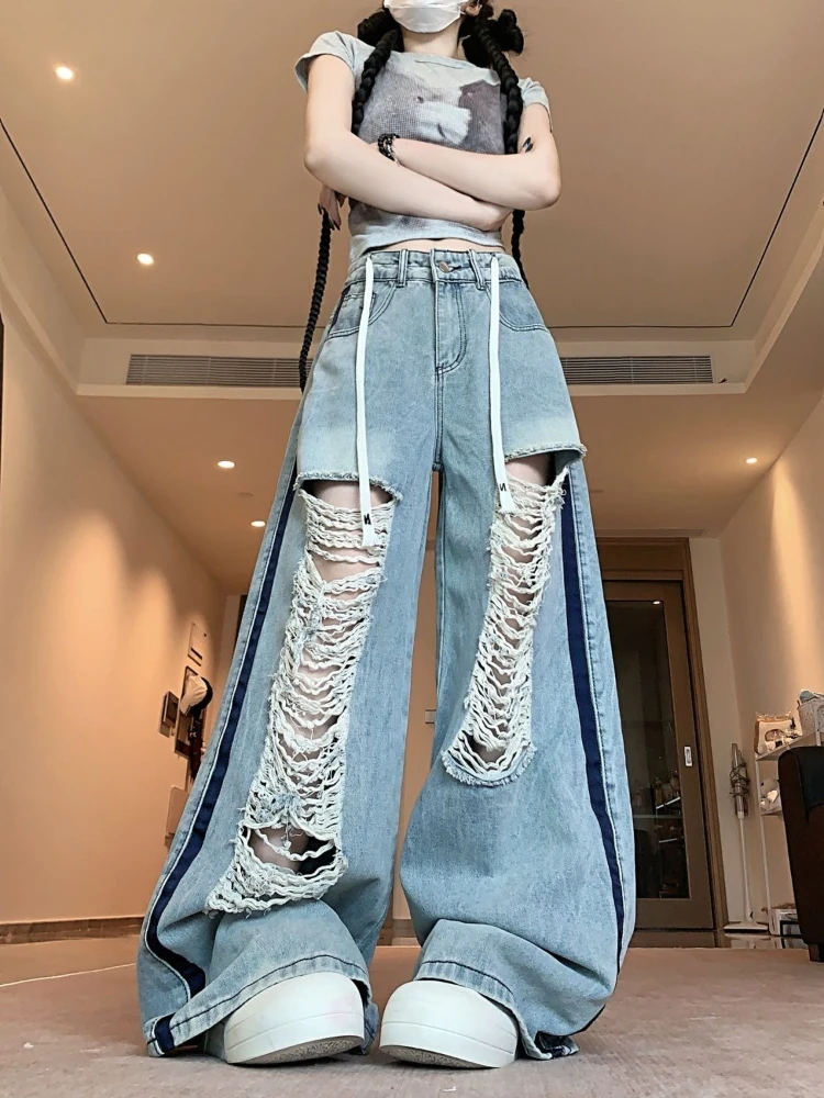 Women's American Style Ripped Denim Pants Wide Leg Jeans With Drawstring Waist Trendy Individual Loose Fit Streetwear Trousers