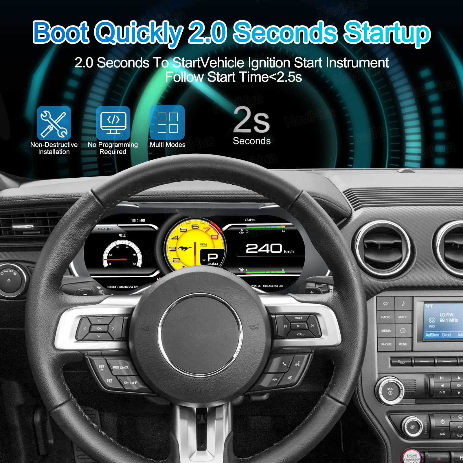 Navihua عداد السرعة التلقائي لوحة القيادة لينكس Vietual قمرة القيادة لفورد موستانج 2015-2024 LCD لوحة القيادة شاشة السيارة