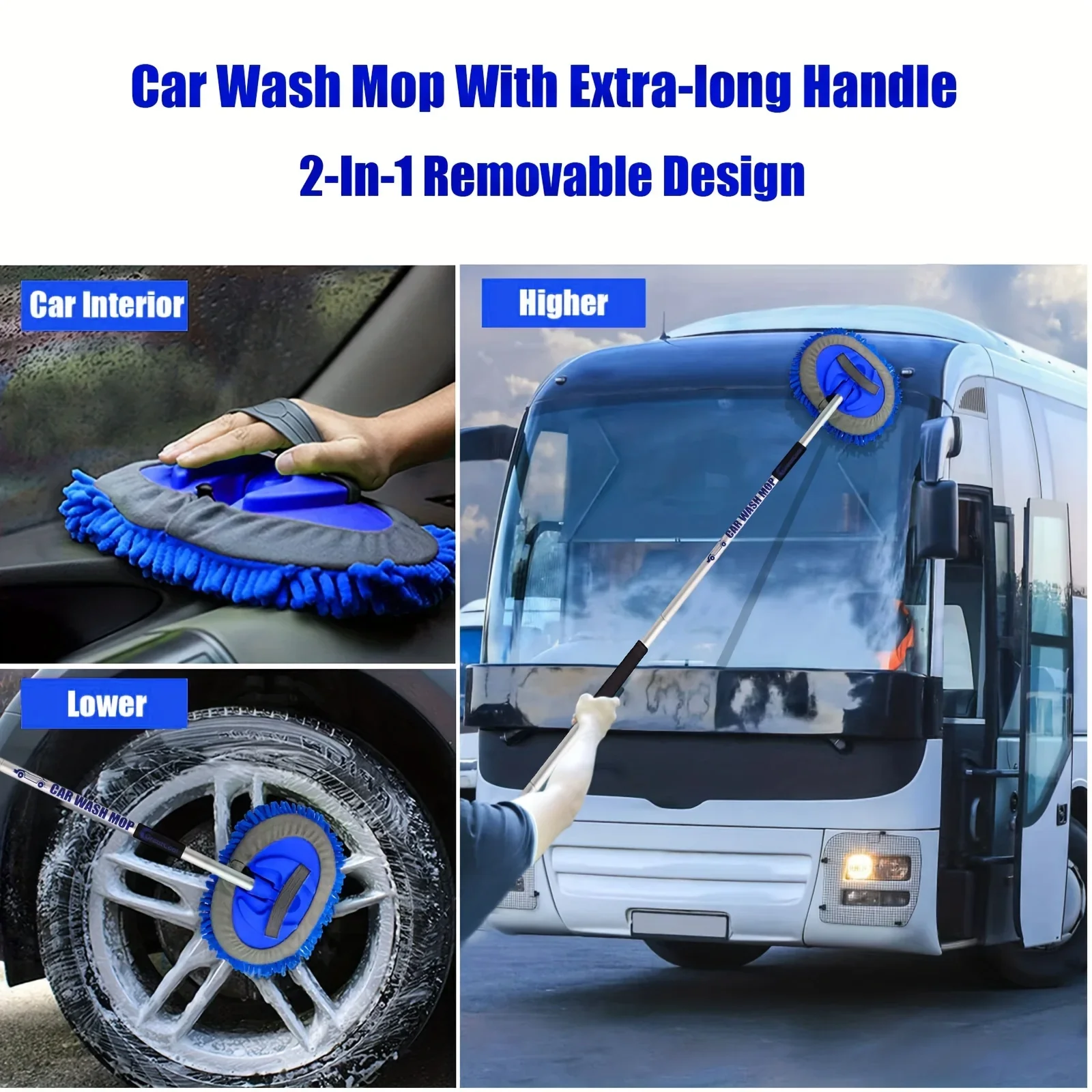 Adjustable Length Car Wash Mop with Extra-long Handle and 2-In-1 Removable Design