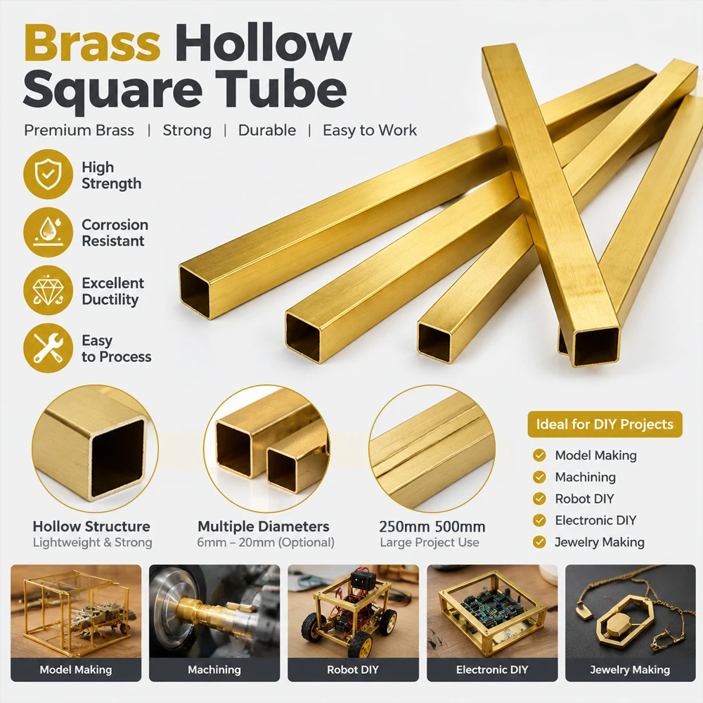 1-5Pcs 6-20mm 250/500mm Brass Square Tube, Hollow Metal Pipe DIY Model Making Craft Hardware Structural Support Tubing