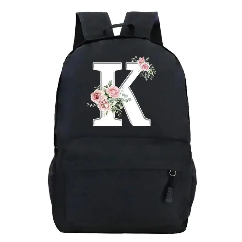 

College Student Ladies Pink Floral Alphabet White Print Backpack Women Flower Harajuku SchoolBags Female Rose Letter Shouder Bag