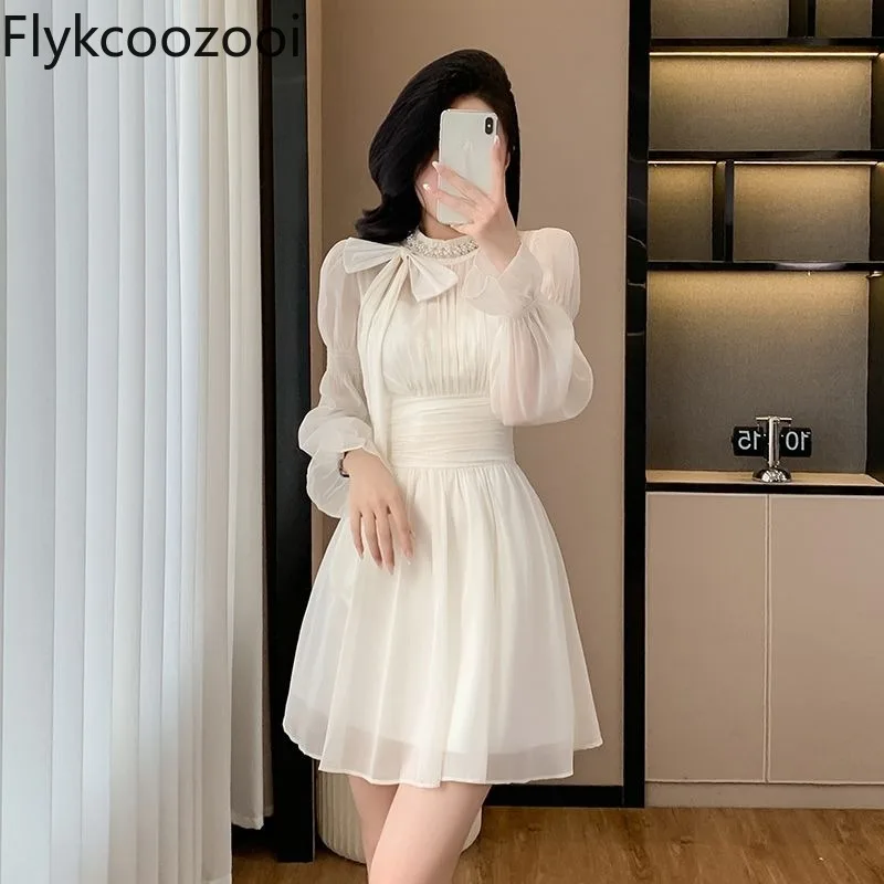 

Celebrity Luxury Premium Sequins Bow Waisted Chiffon Dress Summer Women Fairycore Elegant Long Sleeve A-line Slim Mini Dress