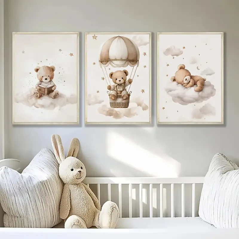 3PCS Frameless,3pcs/set Bohemian Style Teddy Bear Animal Nursery Canvas Poster Stars Cloud Bears Wall Art Prints Modern Living R