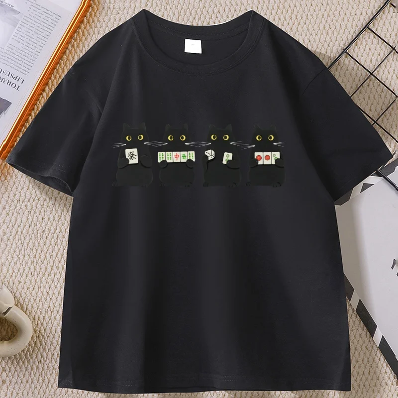 Mahjong Black Cat T Shirt Funny Board Game TShirt Game Night Gift for Men Women O Neck Short Sleeve Tops Summer Unisex Clothes