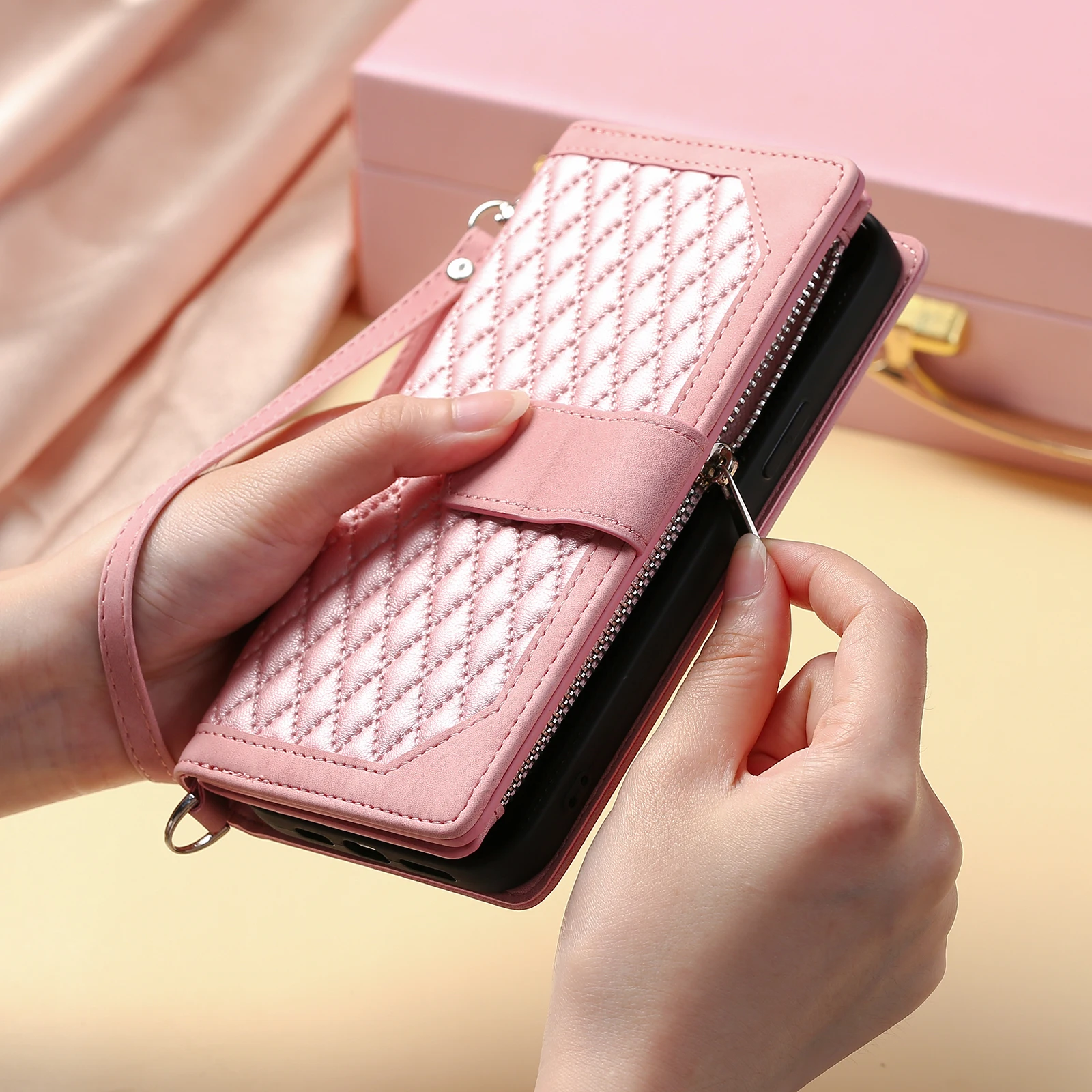 Rhombic Leather Case voor Samsung Galaxy S26 S25 Rand S24 Ultra S23 Plus FE A17 A16 A26 A36 A56 Flip Pols portemonnee Telefoon Cover