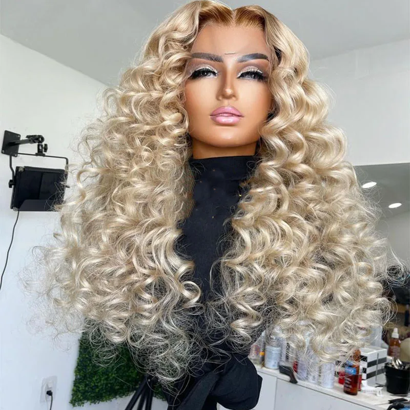 

Ombre Ash Blonde Loose Curly Synthetic Hair Lace Front Wigs Highlights Glueless Lace Wigs Pre Plucked Fiber Cosplay Daily