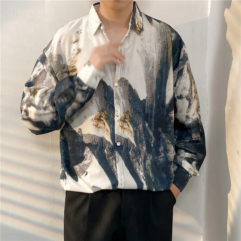 Vintage Summer Tie-dyed Painting Shirt Men Hip Hop Loose Long Sleeve Shirt Male Fashion Hawaii Button Long Sleeve Blouse Tops