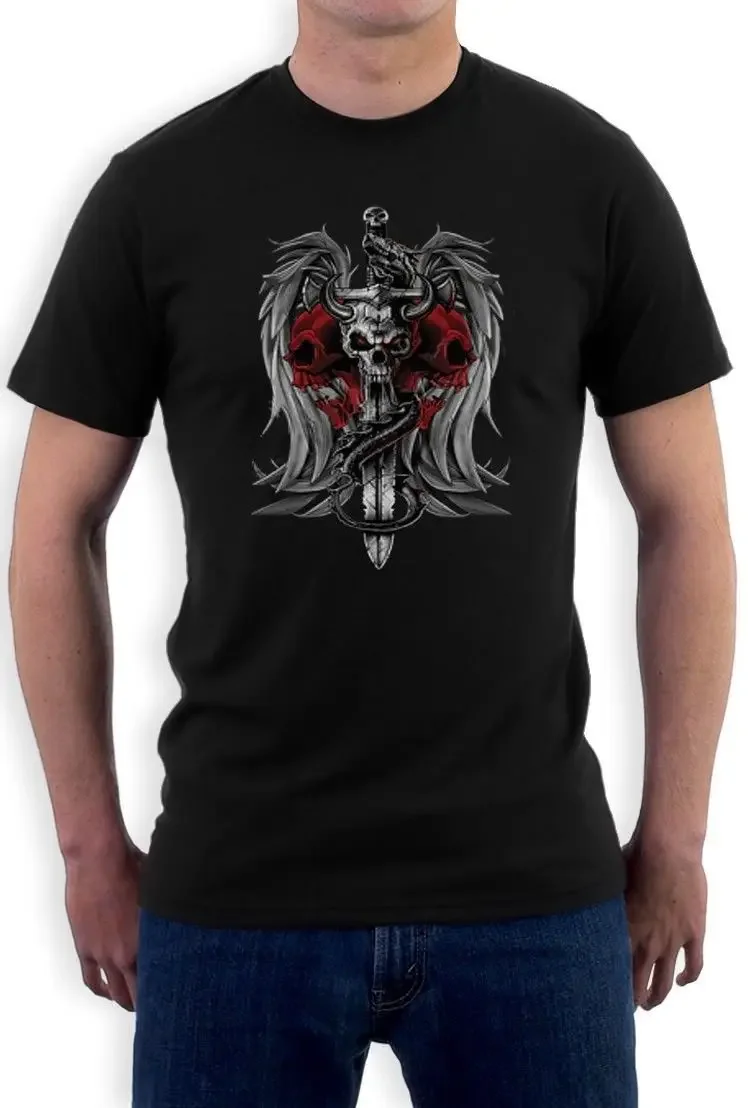 

Gothic Biker Death Skull Sword Dragon Tattoo Printed T-Shirt 100% Cotton O-Neck Short Sleeve Casual Mens T-shirt Streetwear