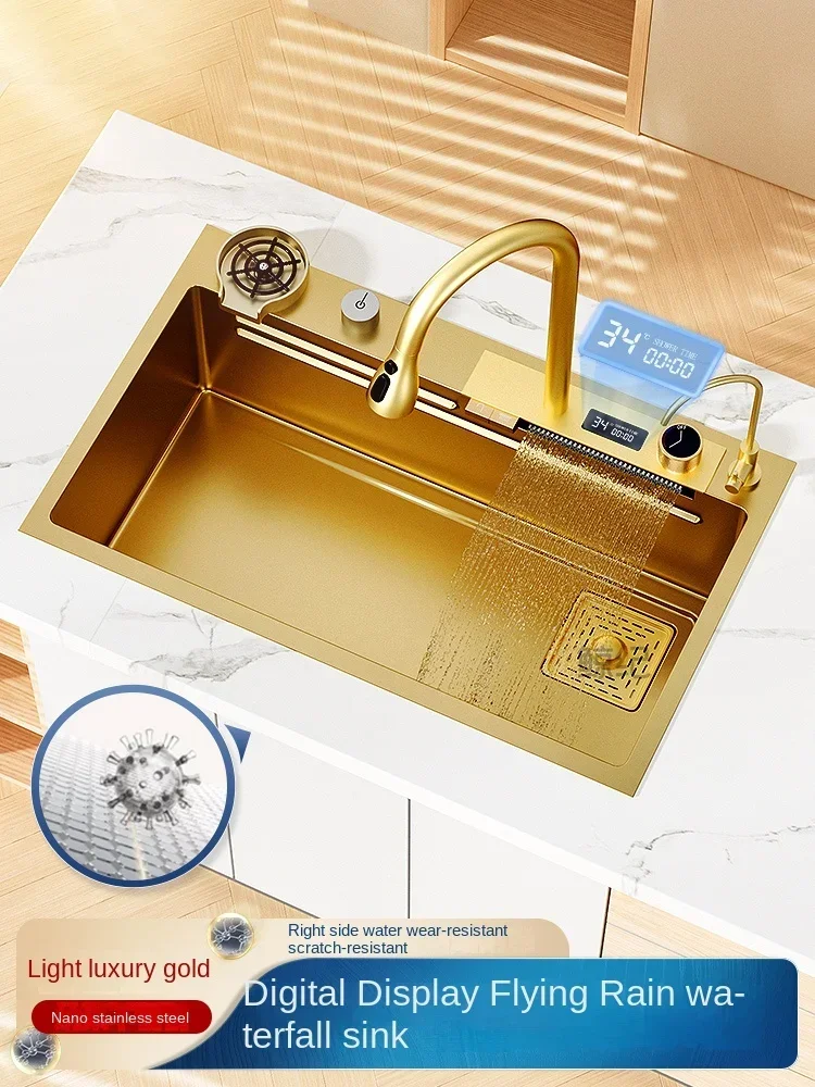 

Waterfall Kitchen Sink Gold 304 Stainless Steel Modern Multifuctional Large Sink Above Counter Apron Front Installation