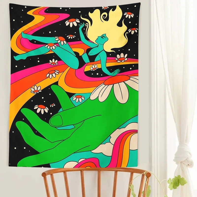 Vintage Rainbow woman Tapestry Wall Hanging 80s Retro Boho Decoration starry sky Tapestry Wall Decor Psychedelic Wall Prints