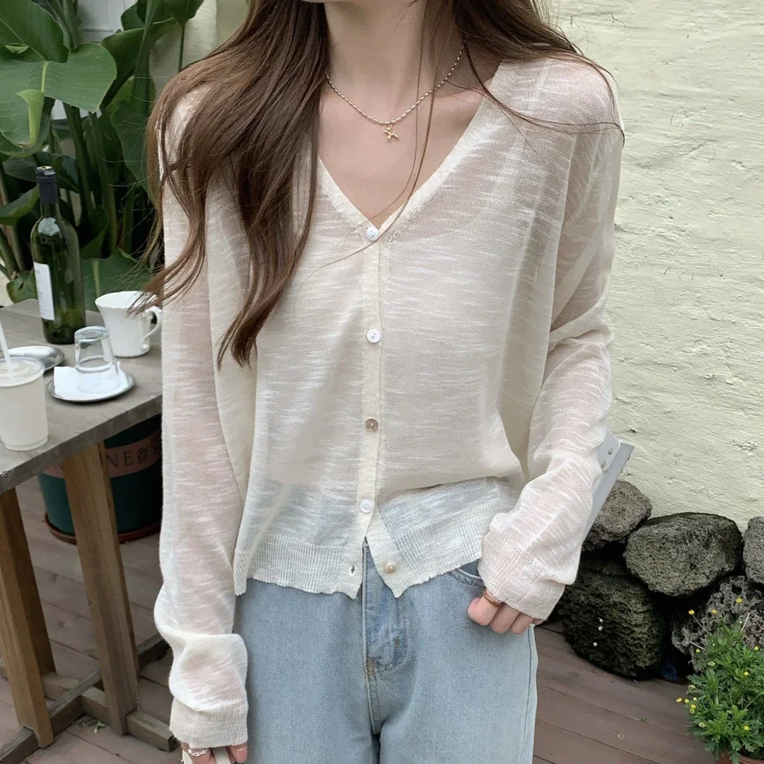 Button Down Knitted Cardigan for Women Long Sleeve V-neck Lightweight Blouse Spring Summer Cover-up Fairycore Tops view 6
