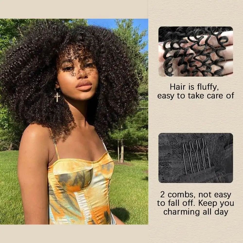 Synthetic Short Hair Afro Kinky Curly Wigs With Bangs For Black Women Cosplay Lolita  Natural Black Wig High Temperature Hair