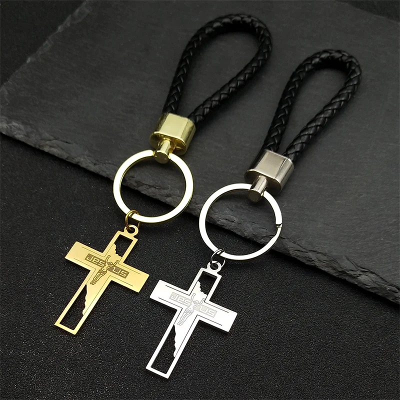 Jesus Crucifix Cross Key Chain for Men Women Stainless Steel Gold Color Religious Catholic Cuban Key Ring Party Jewelry Gift