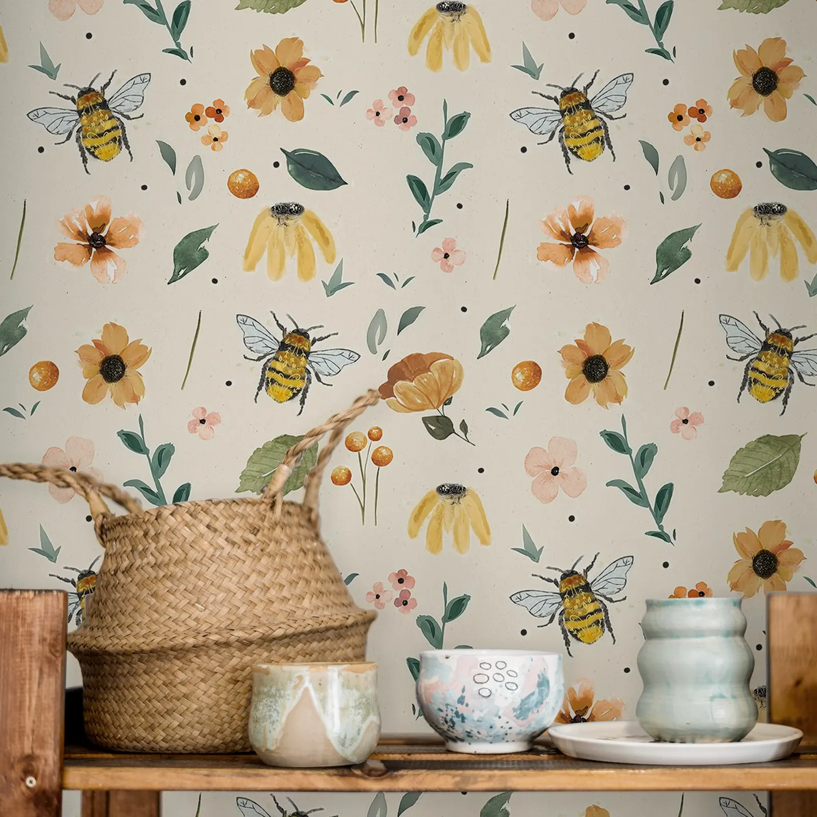 Spring Bees Peel and Stick Wallpaper, Whimsical Floral Cute Botanical For Wall Art Wall Decor , Tradition Non-woven Wall Mural
