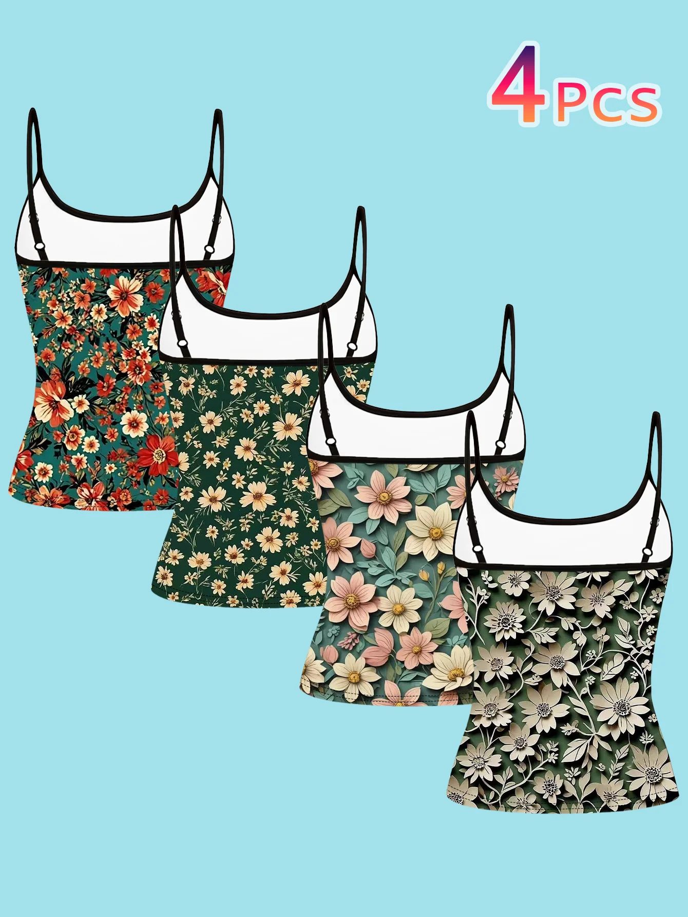 4-Piece Set of Women's Spaghetti Strap Camisoles, Vintage Forest Style Small Floral Plant Print Slim Fit Sleeveless Tops