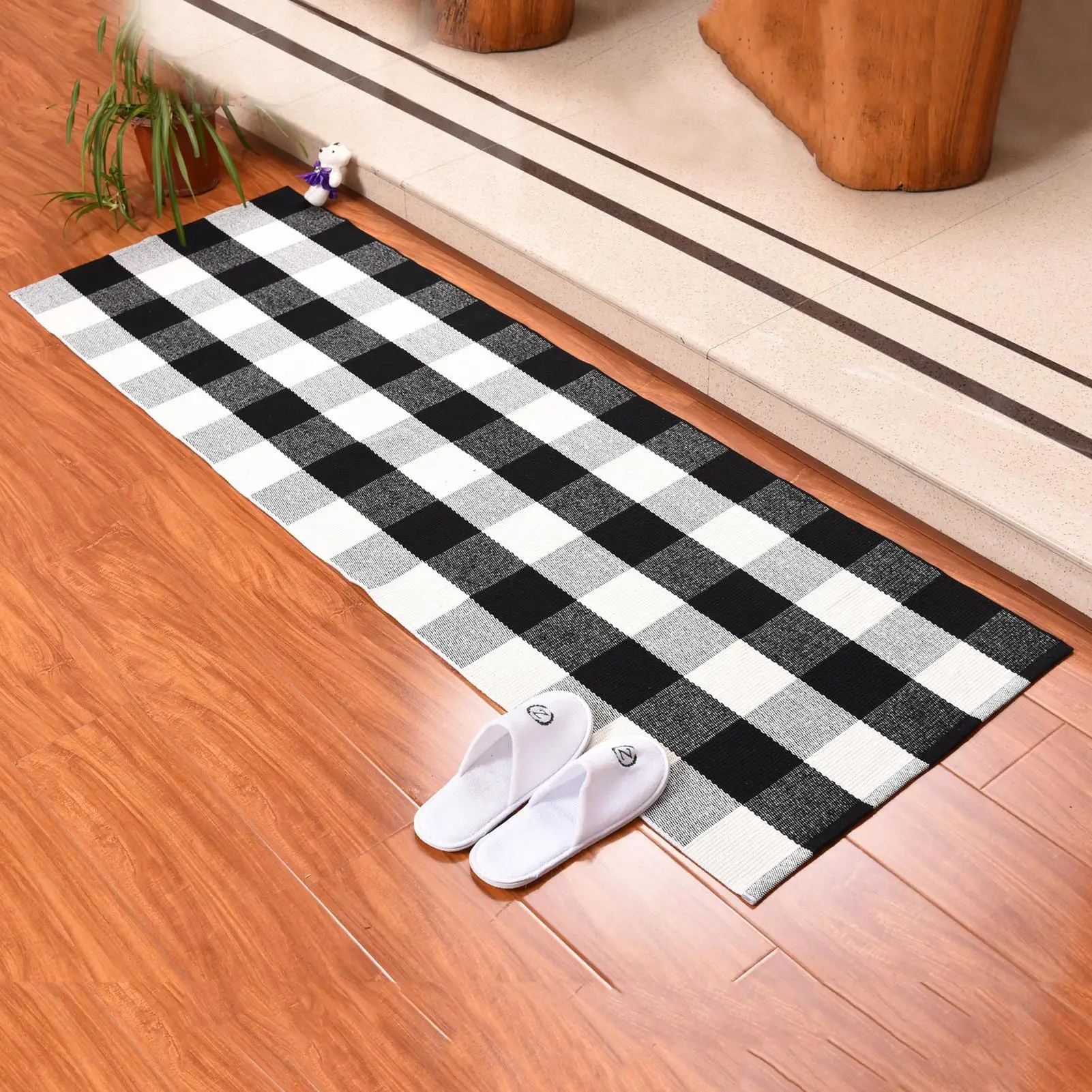 Plaid Door Mat | Black and White Rug for Door Entrance | Indoor Outdoor Carpet for Farmhouse, Living