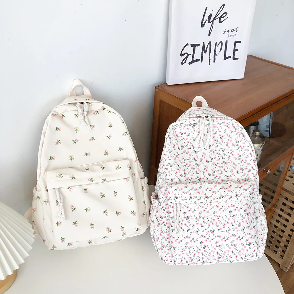 Women Simple Floral Backpack Large Capacity Travel Laptop Rucksack Adjustable Strap Flower Book Schoolbag Students Daily Bag