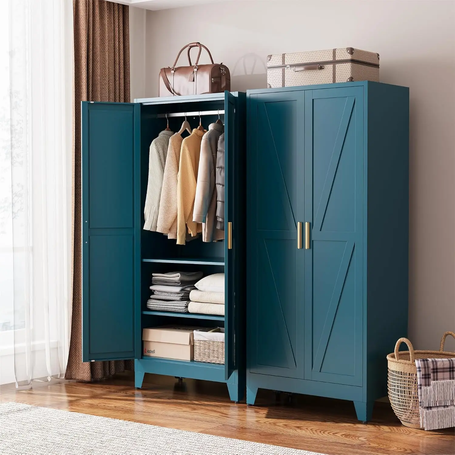Peacock Blue Convertible Metal Wardrobe exterior
