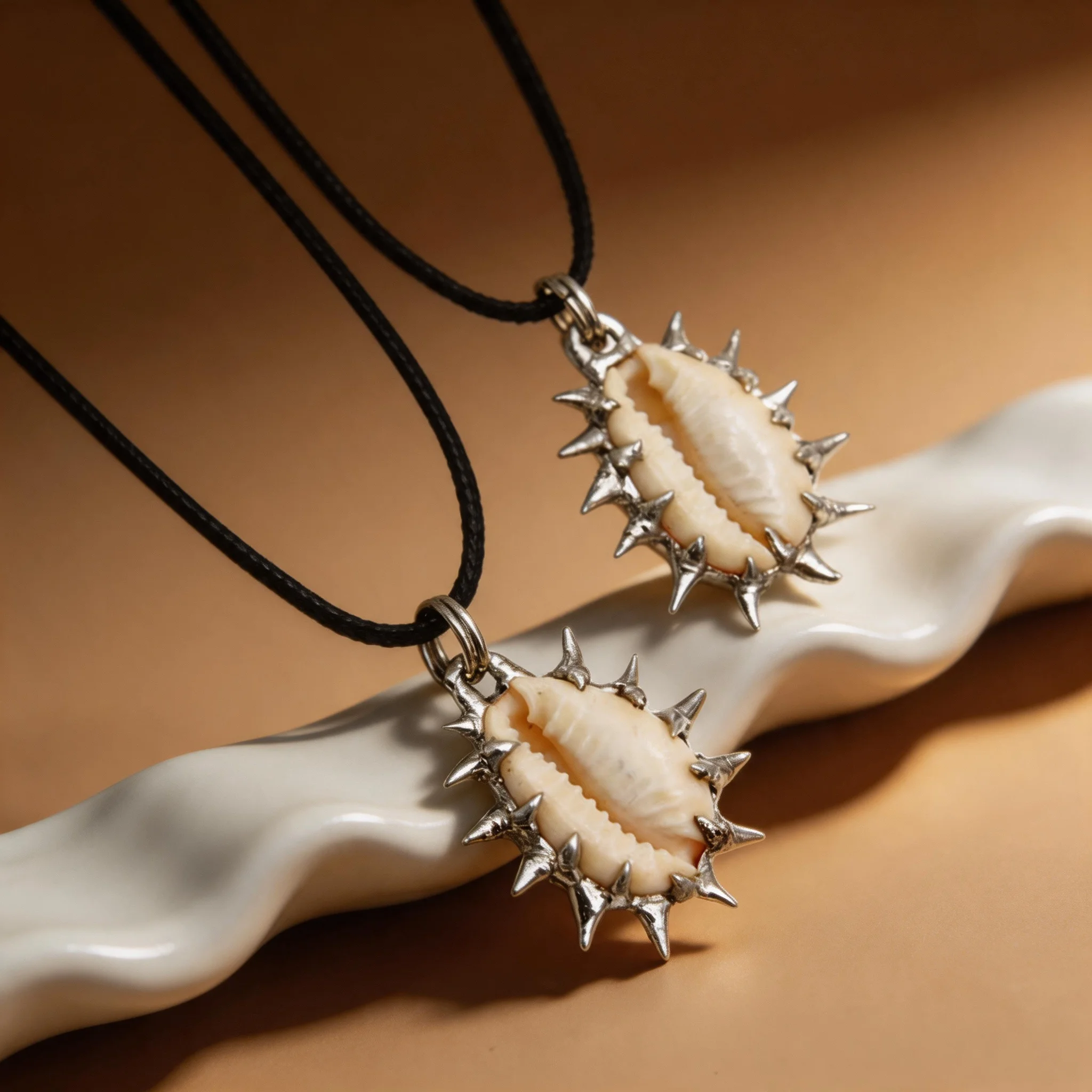 20inch Puka Shell Necklace Silver Plated Spike Thorn Frame Leather Cord Soldered Pendant Boho Gothic Beach Jewelry for Women Men