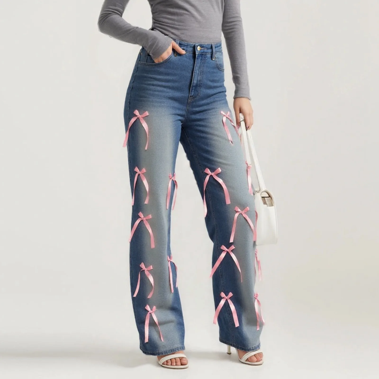 

Jeans Designer Bow High Rise Women’S Jeans Wide Leg Denim Pants For Woman Washed Jeans With Pockets Baggy Denims Trousers