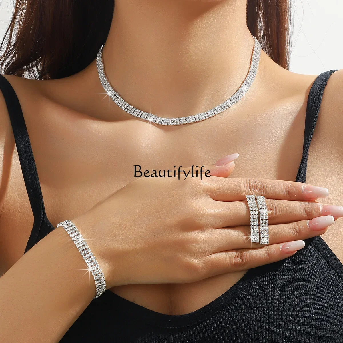 

European and American popular elements full diamond bracelet earrings 3-piece set