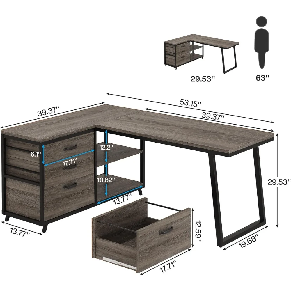مكتب زاوية على شكل حرف L مع 3 أدراج، مكتب كمبيوتر مكتبي منزلي قابل للعكس، مكتب على الطراز الصناعي مقاس 53 بوصة مع أرفف تخزين #2