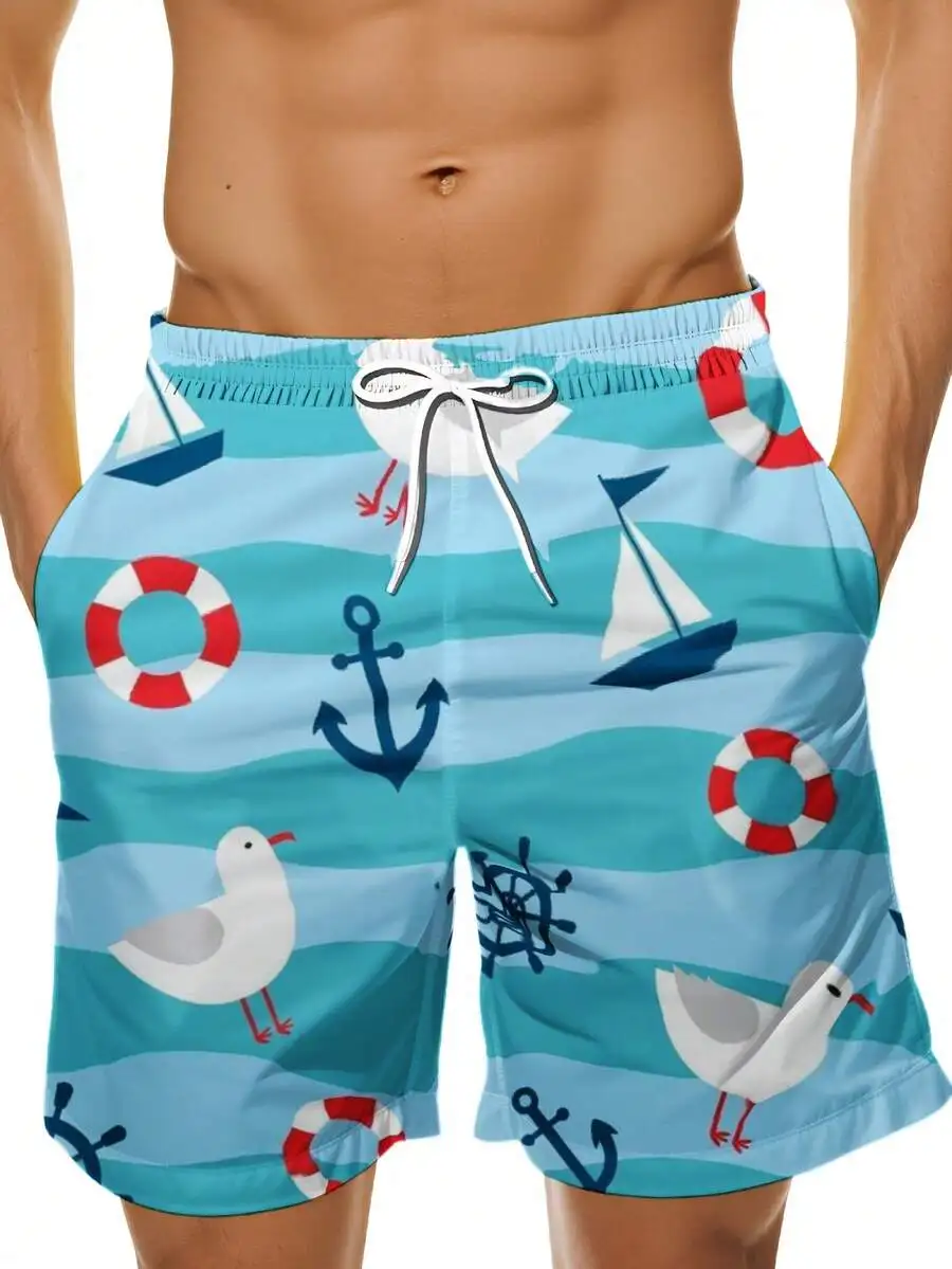 

Nautical Print Swim Trunks For Men Anchor Sailboat Seagull Beach Shorts