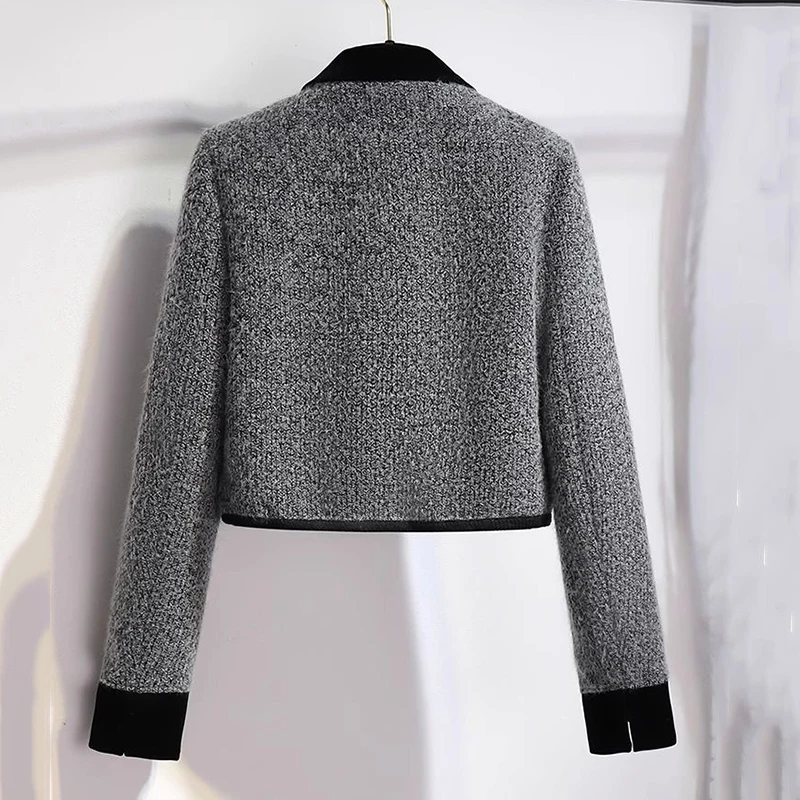 Two Piece Short Skirt Set for Autumn Doll collar Elegant Short Tweed Jacket Coat With High Waist Split Skirt Women