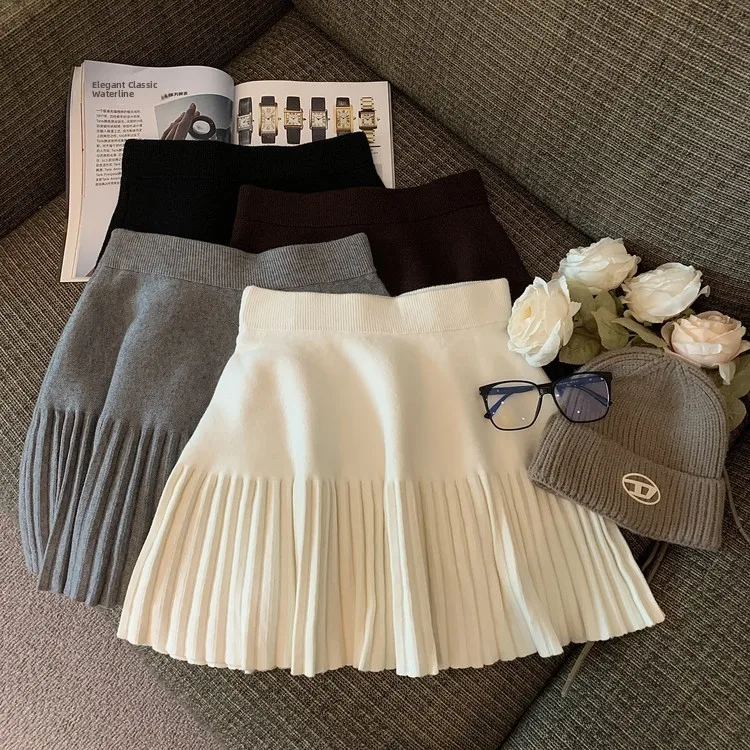 

Elastic Pleated Skirt Women's Autumn Winter A-Line Bodycon Knitted Base Skirt Slim Fit Korean Style Short Length