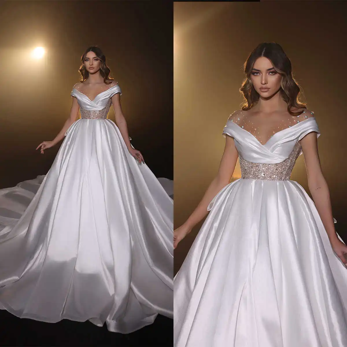 

Modern Ball Gown Wedding Dresses Sequins Crystals Lace Sweep Train Bridal Gowns Big Size Vestidos De Novia Custom Size Colour