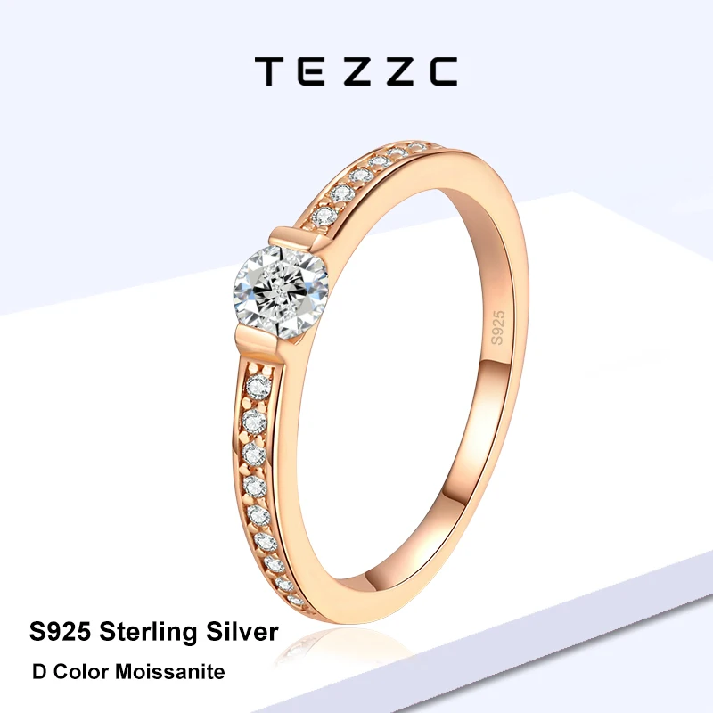 

Tezzc 0.3CT Round D Color Moissanite Ring S925 Sterling Silver Rose Gold Plated Band Stackable Wedding Promise Rings for Women