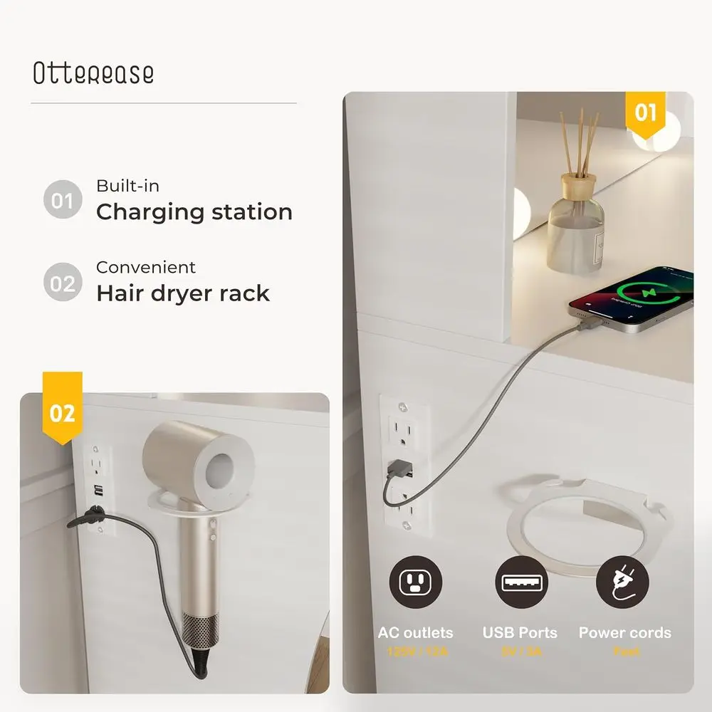 مكتب مكياج أبيض مضاء بإضاءة LED مع إضاءة قابلة للتعديل وأدراج تخزين وأرفف، كامل مع مقعد #5