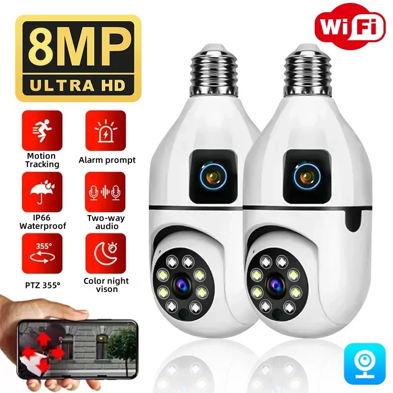 8MP E27 ampoule WIFI caméra double objectif caméra de Surveillance à domicile intelligente AI suivi humain alarme vocale Audio bidirectionnel couleur Vision nocturne